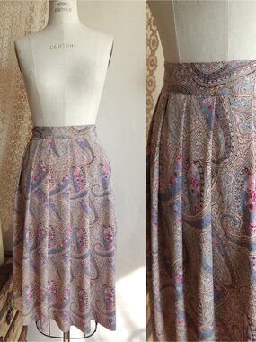 Vintage 1980s Skirt with Pocket, Koret Blue And Pink Paisley Floral Print Size 8